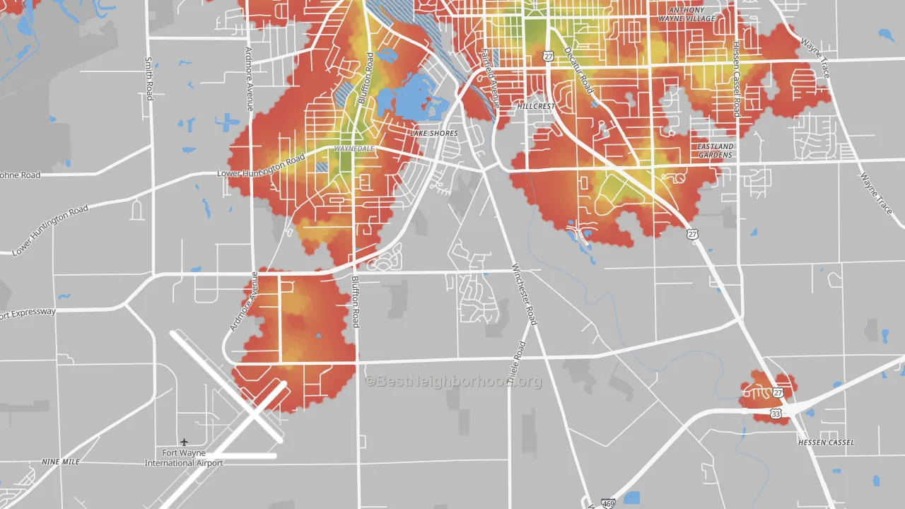 Walk Grade map of 46819, IN, walkable areas in green and car-dependent areas in red