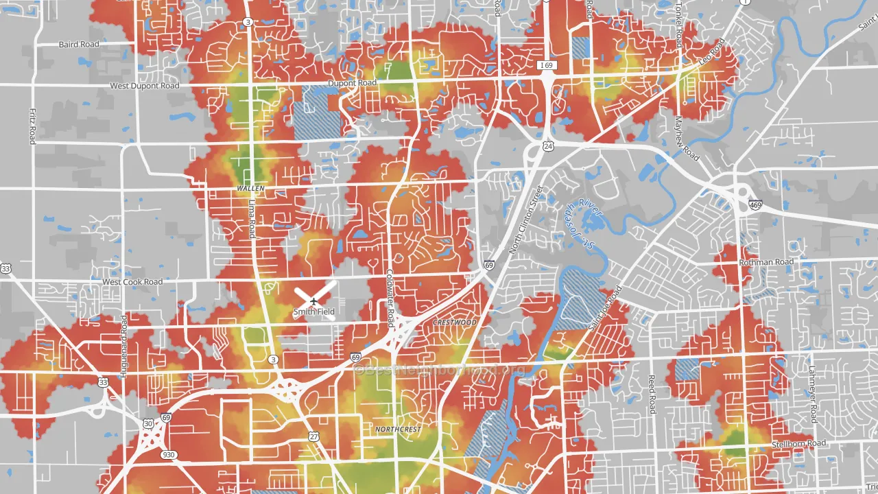 Walk Grade map of 46825, IN, walkable areas in green and car-dependent areas in red