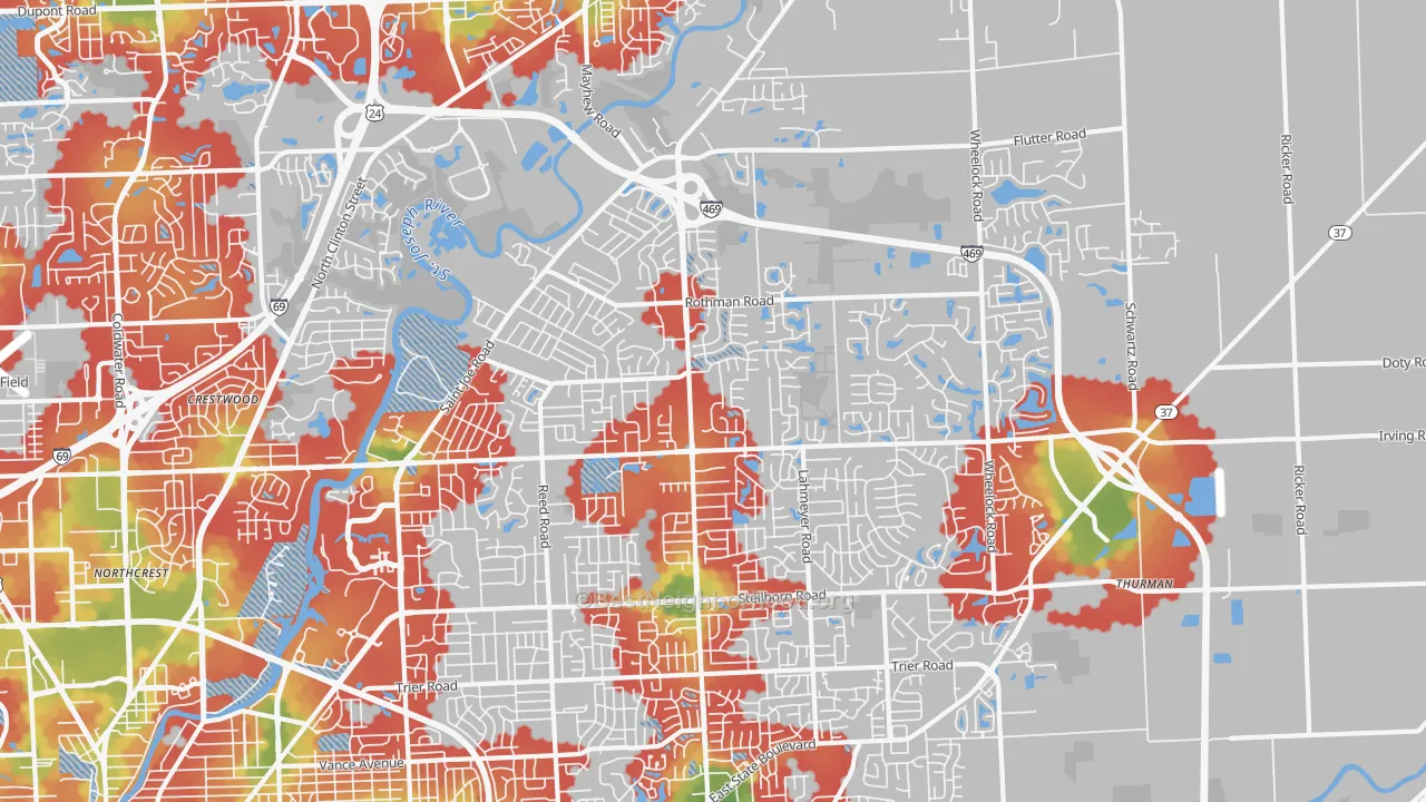 Walk Grade map of 46835, IN, walkable areas in green and car-dependent areas in red
