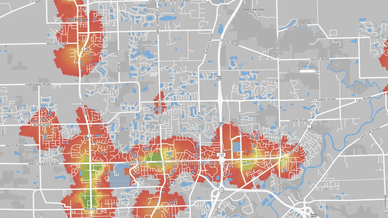 Walk Grade map of 46845, IN, walkable areas in green and car-dependent areas in red