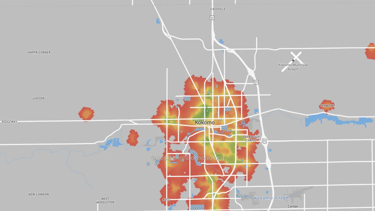 Walk Grade map of 46901, IN, walkable areas in green and car-dependent areas in red
