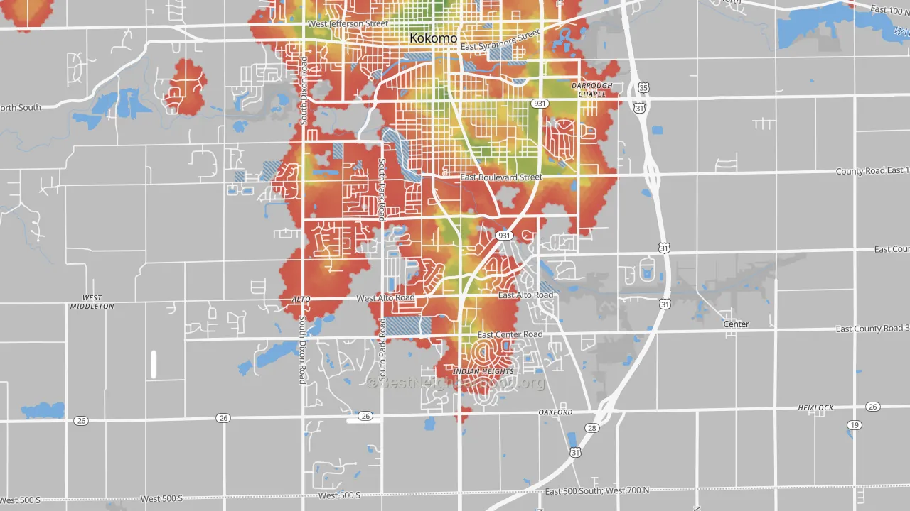 Walk Grade map of 46902, IN, walkable areas in green and car-dependent areas in red