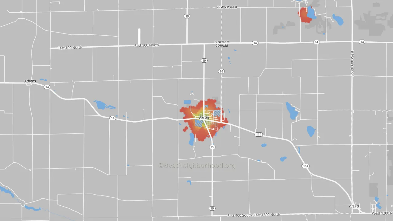 Walk Grade map of 46910, IN, walkable areas in green and car-dependent areas in red