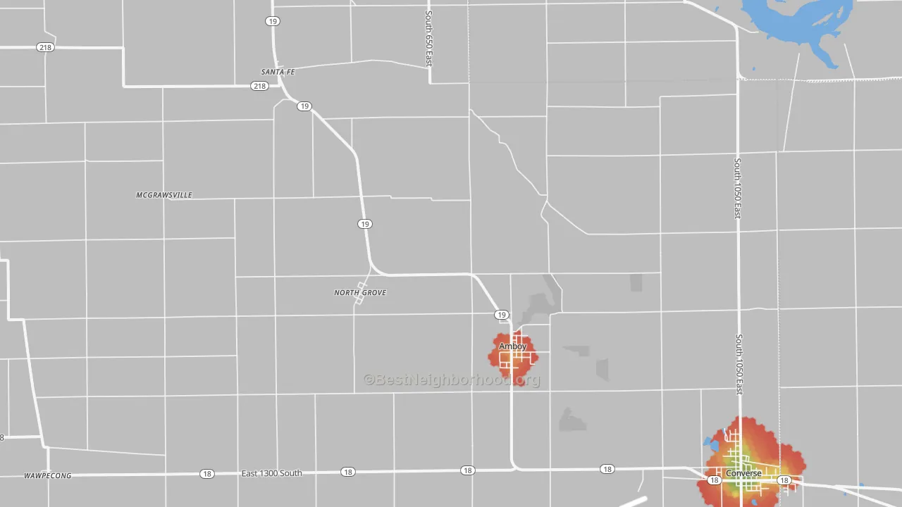 Walk Grade map of 46911, IN, walkable areas in green and car-dependent areas in red