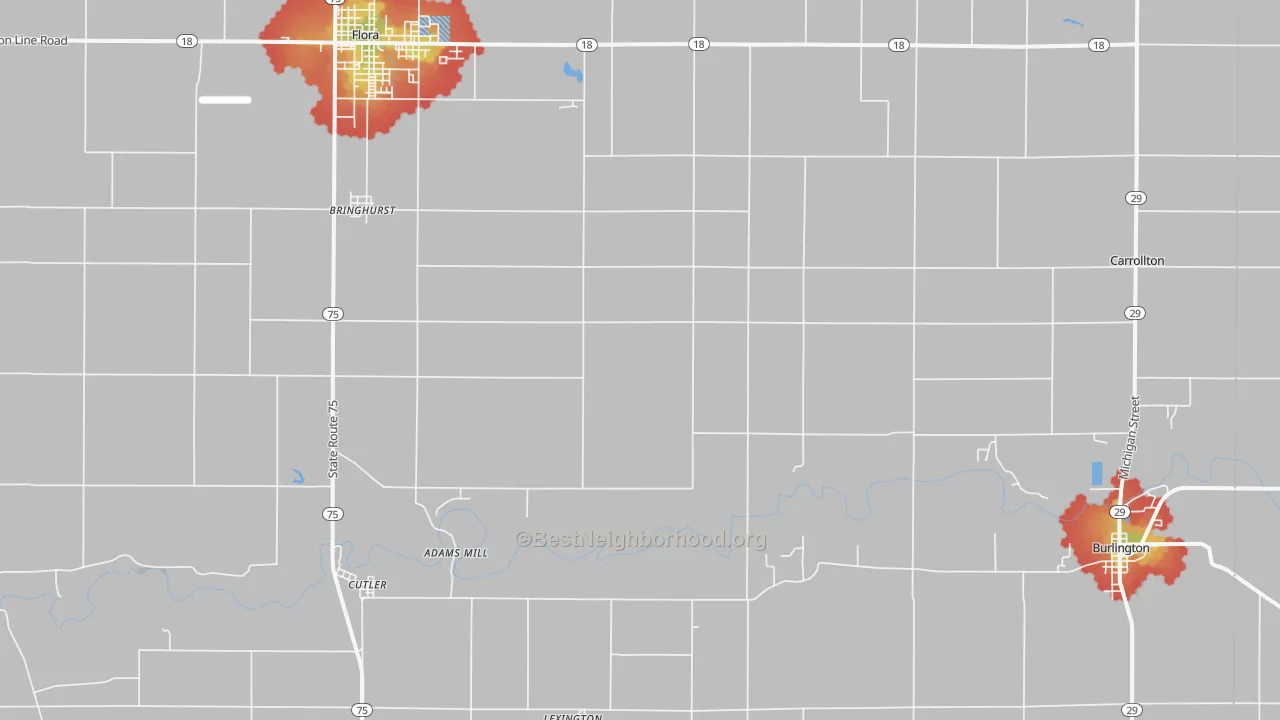Walk Grade map of 46913, IN, walkable areas in green and car-dependent areas in red