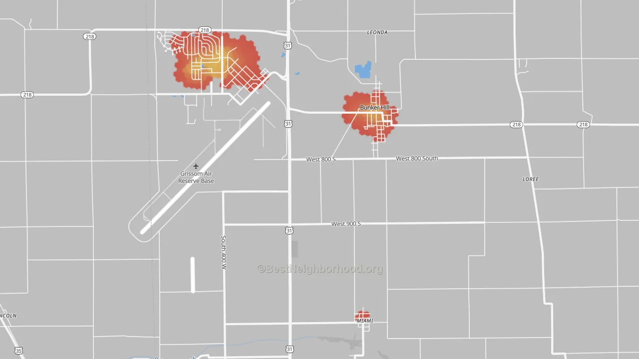 Walk Grade map of 46914, IN, walkable areas in green and car-dependent areas in red