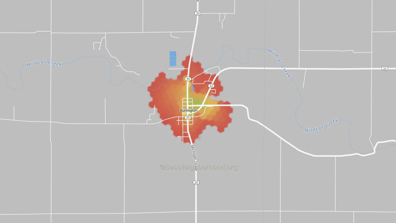 Walk Grade map of 46915, IN, walkable areas in green and car-dependent areas in red