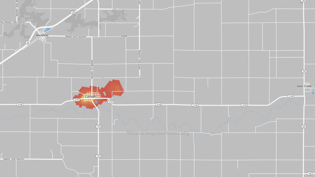 Walk Grade map of 46917, IN, walkable areas in green and car-dependent areas in red