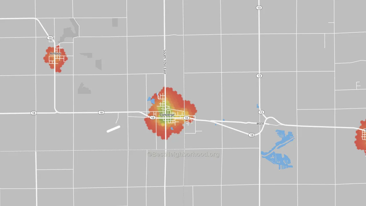 Walk Grade map of 46919, IN, walkable areas in green and car-dependent areas in red