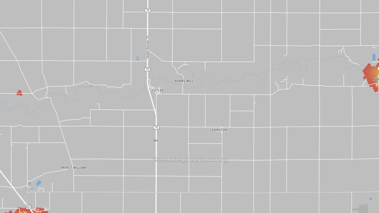 Walk Grade map of 46920, IN, walkable areas in green and car-dependent areas in red