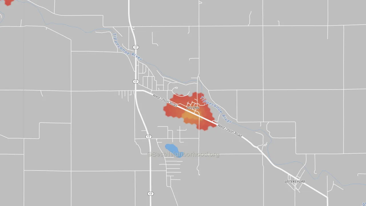 Walk Grade map of 46922, IN, walkable areas in green and car-dependent areas in red