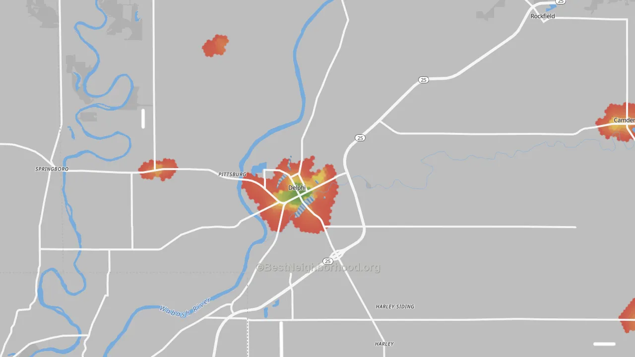 Walk Grade map of 46923, IN, walkable areas in green and car-dependent areas in red