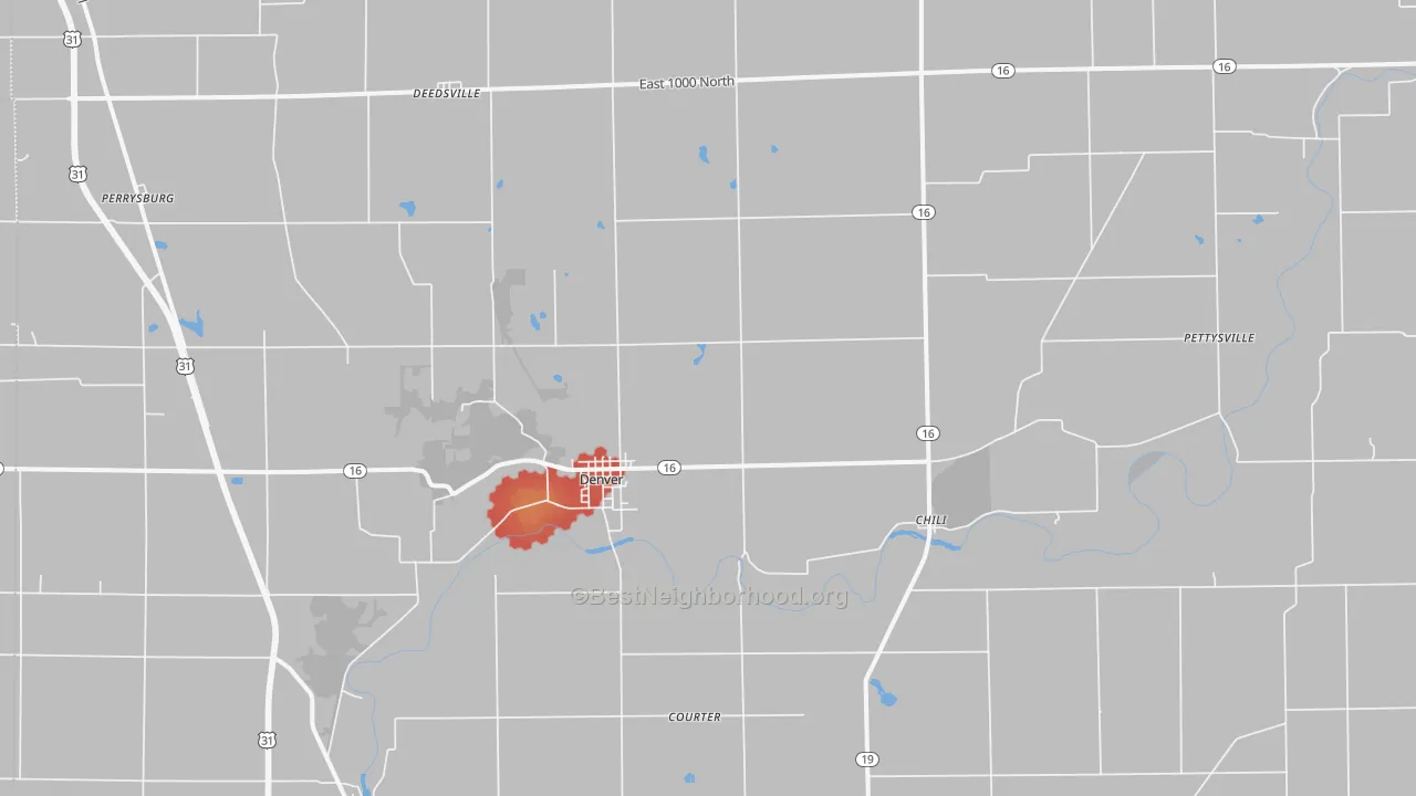 Walk Grade map of 46926, IN, walkable areas in green and car-dependent areas in red