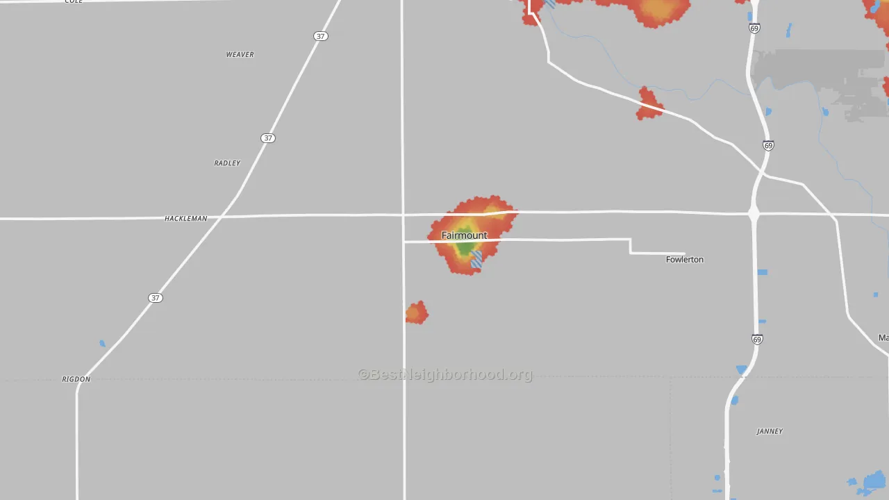 Walk Grade map of 46928, IN, walkable areas in green and car-dependent areas in red