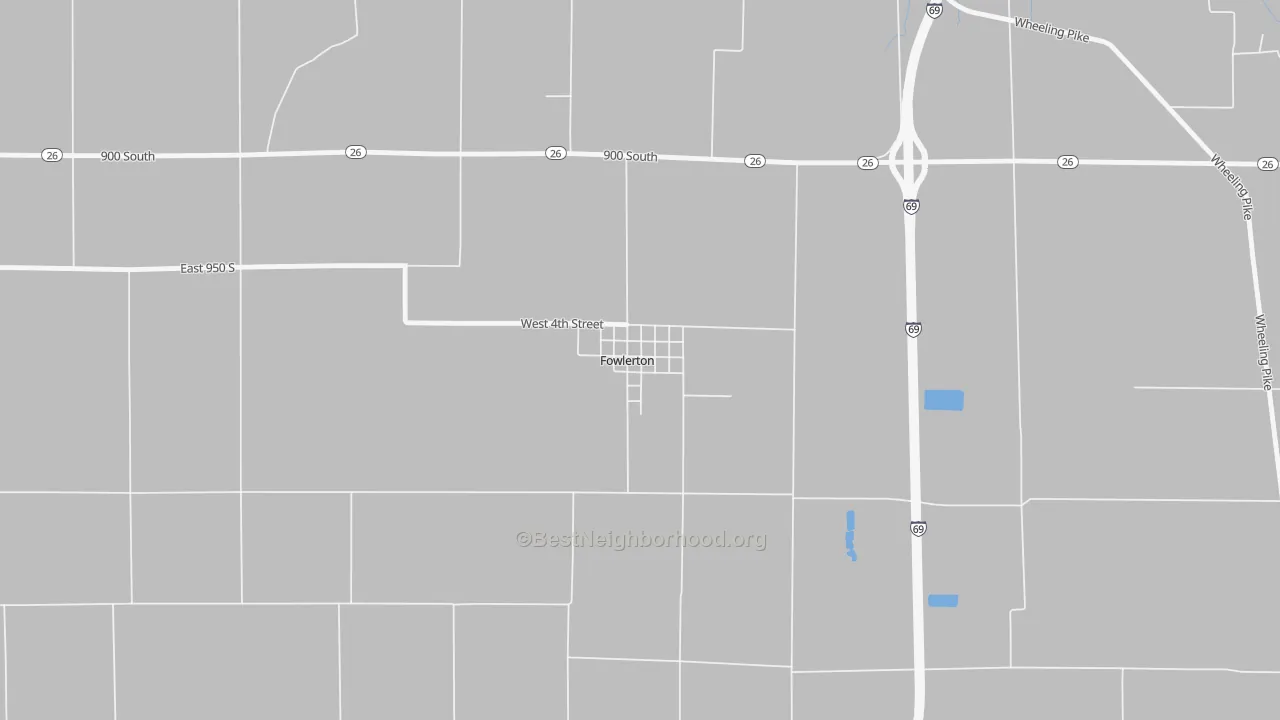 Walk Grade map of 46930, IN, walkable areas in green and car-dependent areas in red