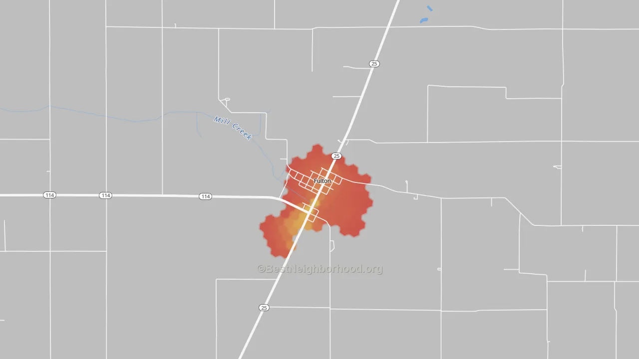 Walk Grade map of 46931, IN, walkable areas in green and car-dependent areas in red