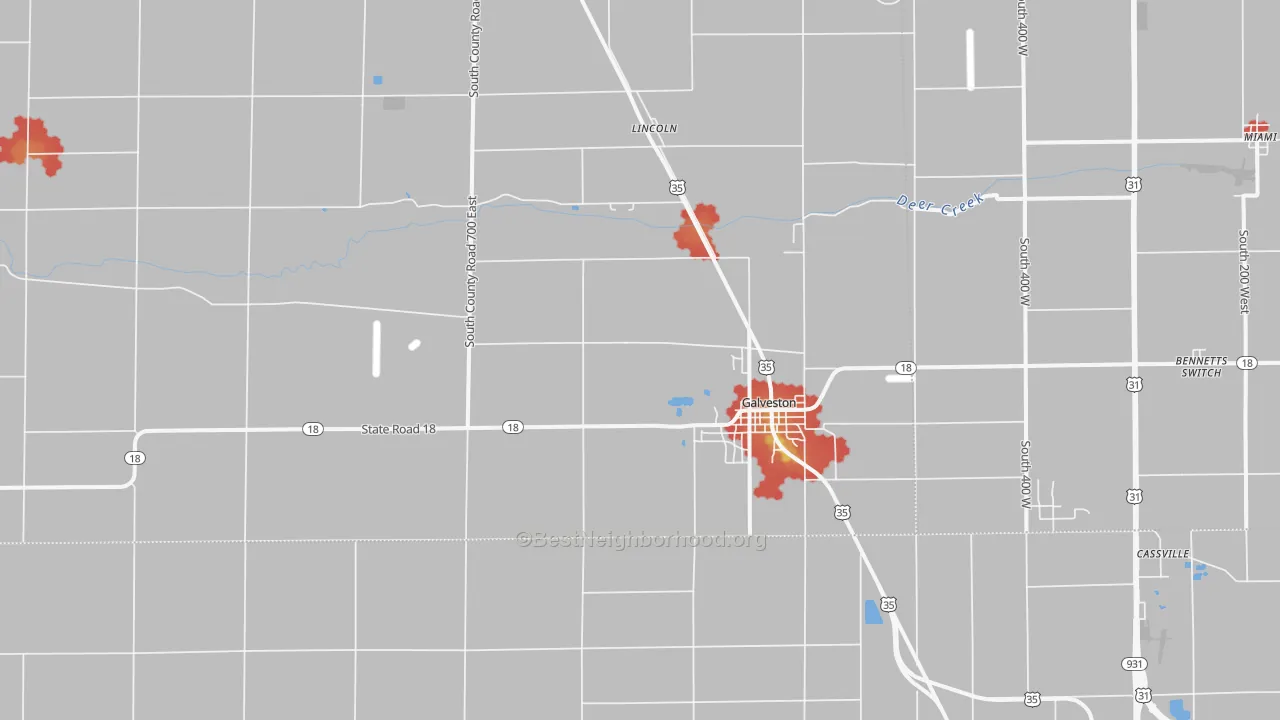 Walk Grade map of 46932, IN, walkable areas in green and car-dependent areas in red