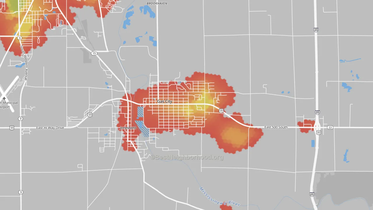 Walk Grade map of 46933, IN, walkable areas in green and car-dependent areas in red
