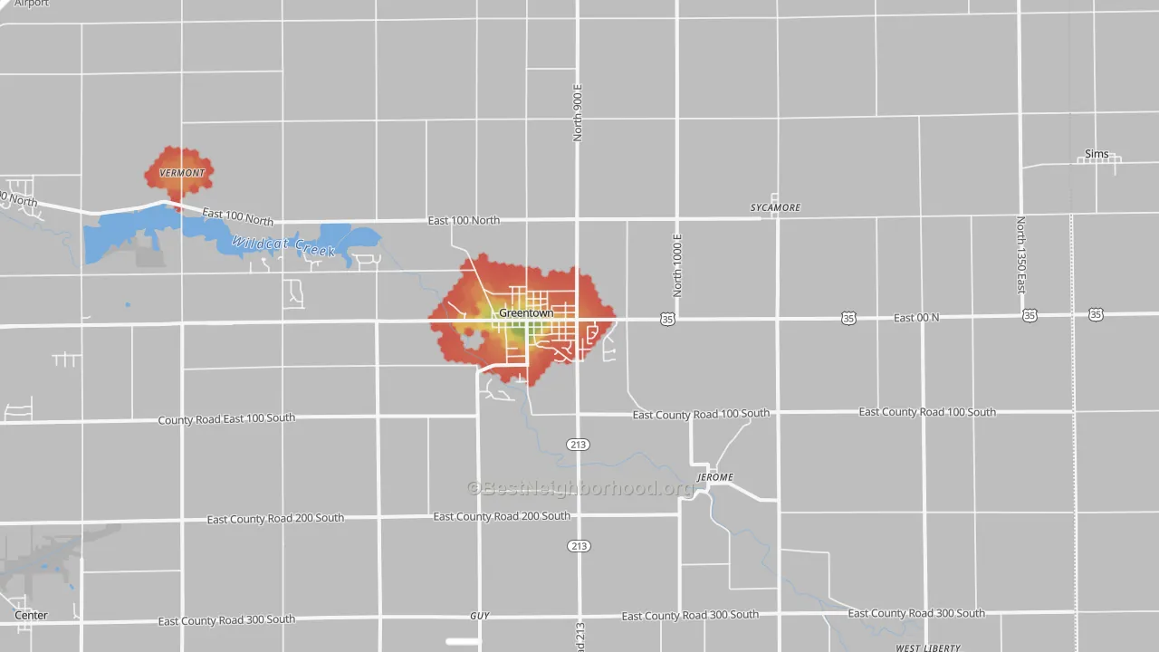 Walk Grade map of 46936, IN, walkable areas in green and car-dependent areas in red