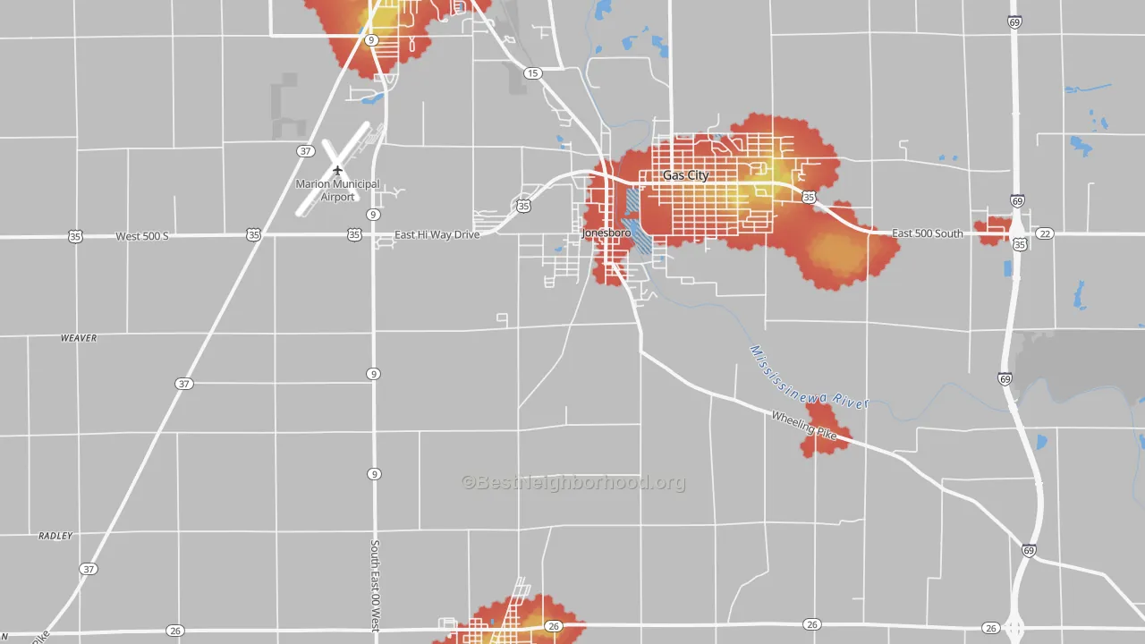 Walk Grade map of 46938, IN, walkable areas in green and car-dependent areas in red