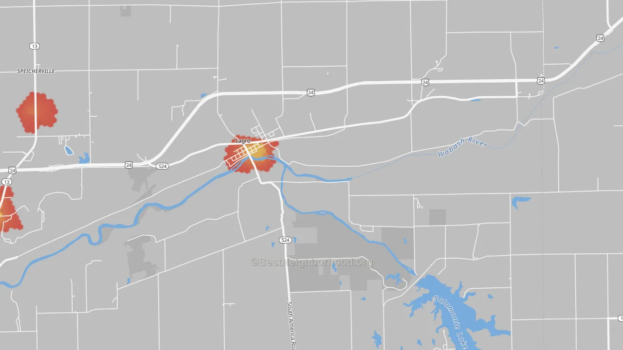 Walk Grade map of 46941, IN, walkable areas in green and car-dependent areas in red