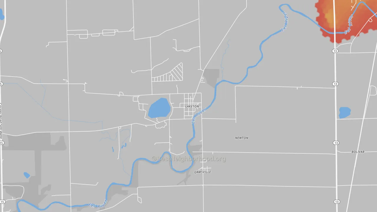 Walk Grade map of 46943, IN, walkable areas in green and car-dependent areas in red