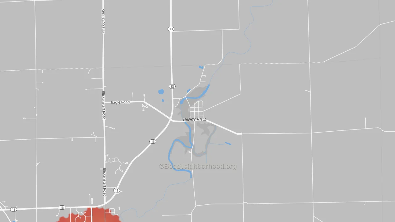 Walk Grade map of 46946, IN, walkable areas in green and car-dependent areas in red