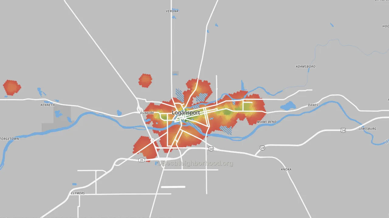 Walk Grade map of 46947, IN, walkable areas in green and car-dependent areas in red