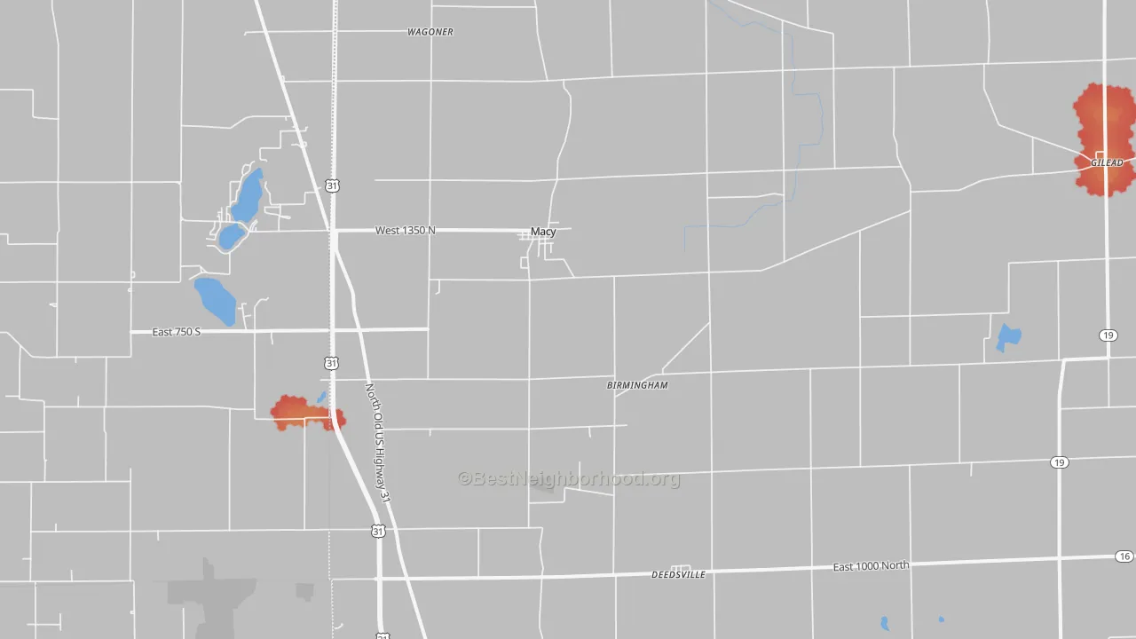 Walk Grade map of 46951, IN, walkable areas in green and car-dependent areas in red