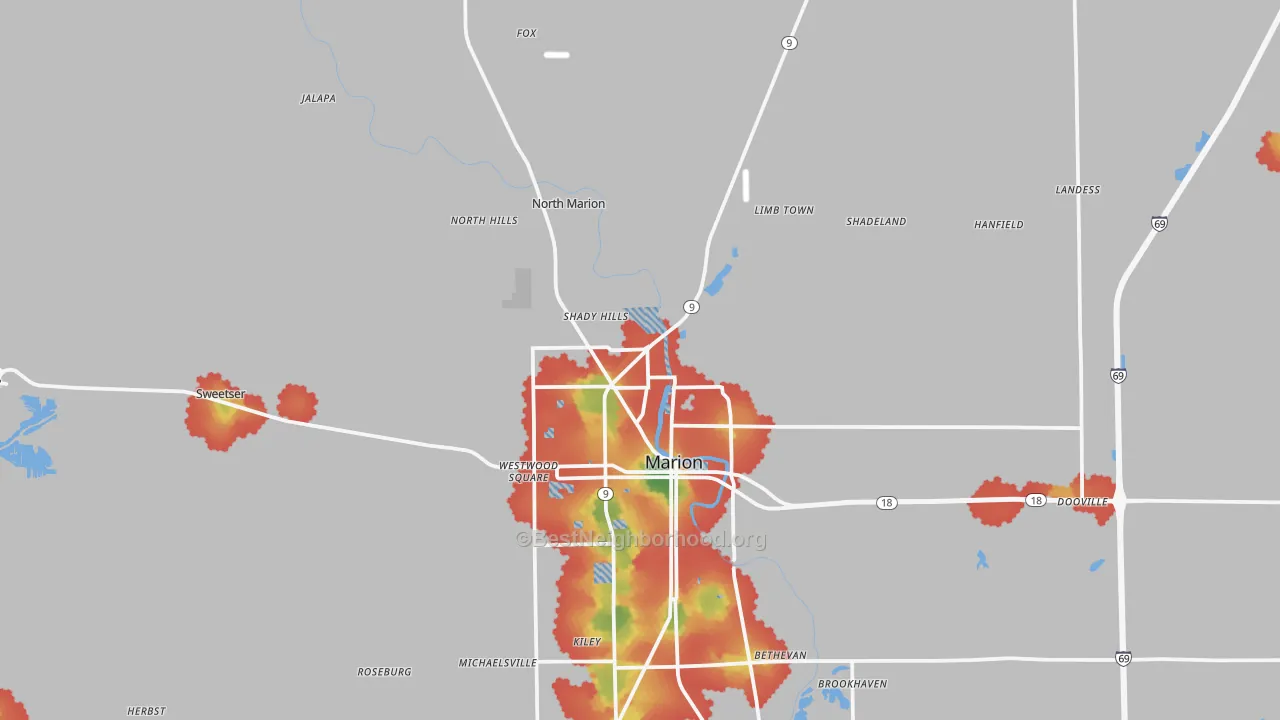 Walk Grade map of 46952, IN, walkable areas in green and car-dependent areas in red