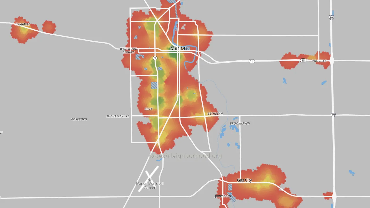 Walk Grade map of 46953, IN, walkable areas in green and car-dependent areas in red