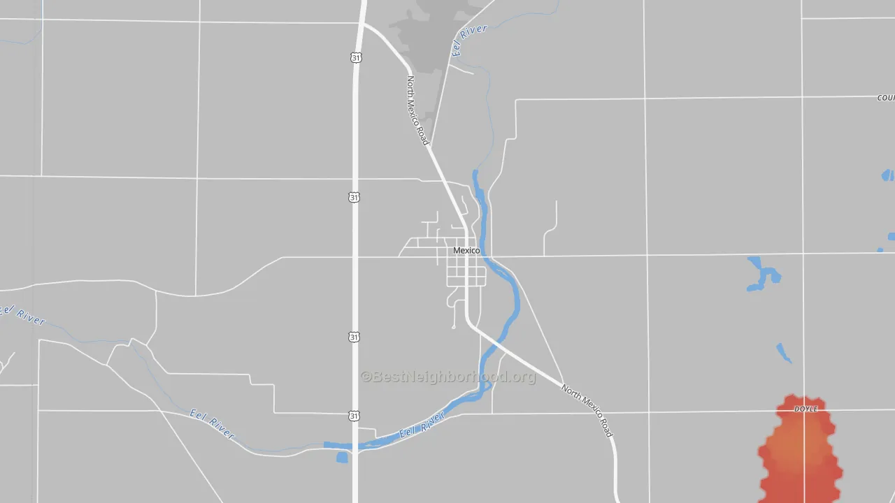 Walk Grade map of 46958, IN, walkable areas in green and car-dependent areas in red