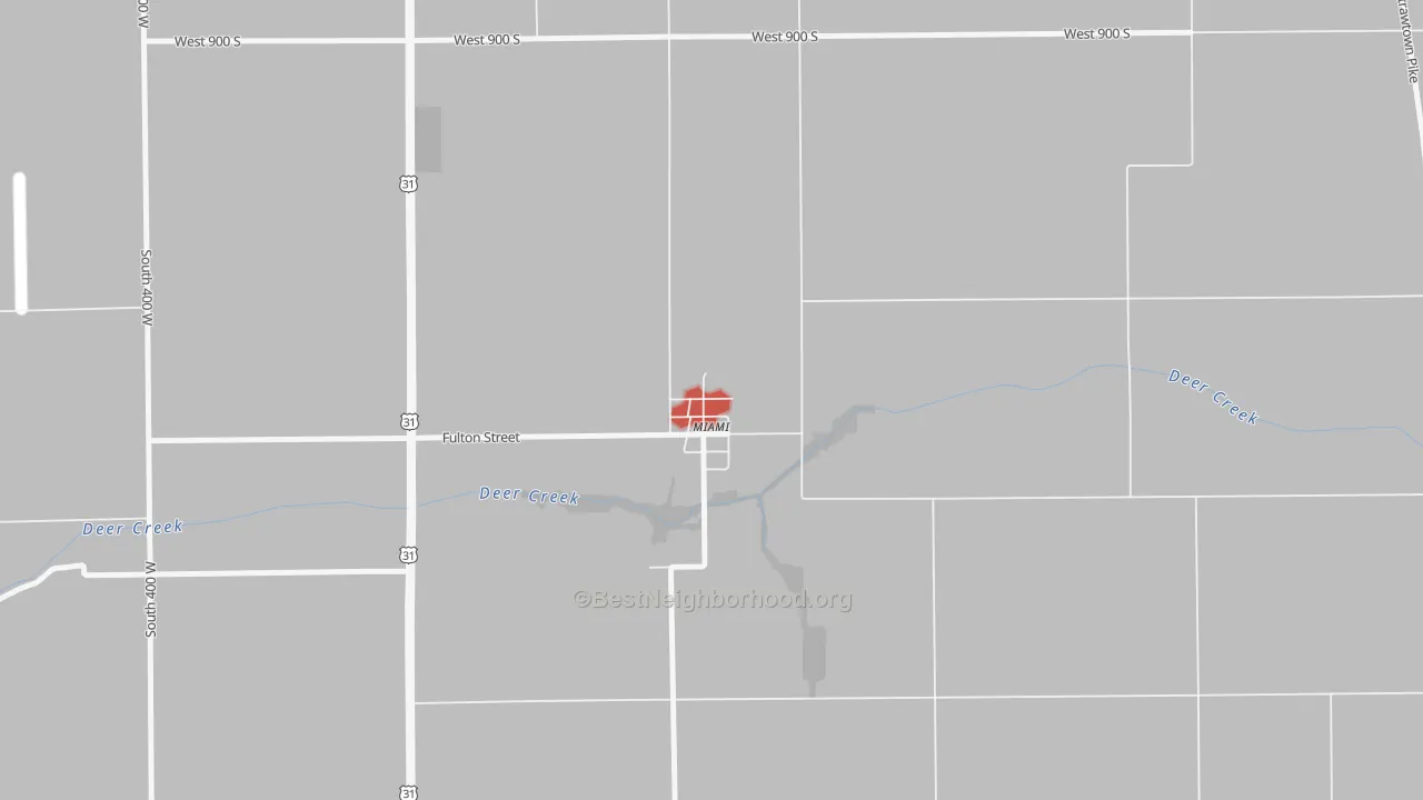 Walk Grade map of 46959, IN, walkable areas in green and car-dependent areas in red