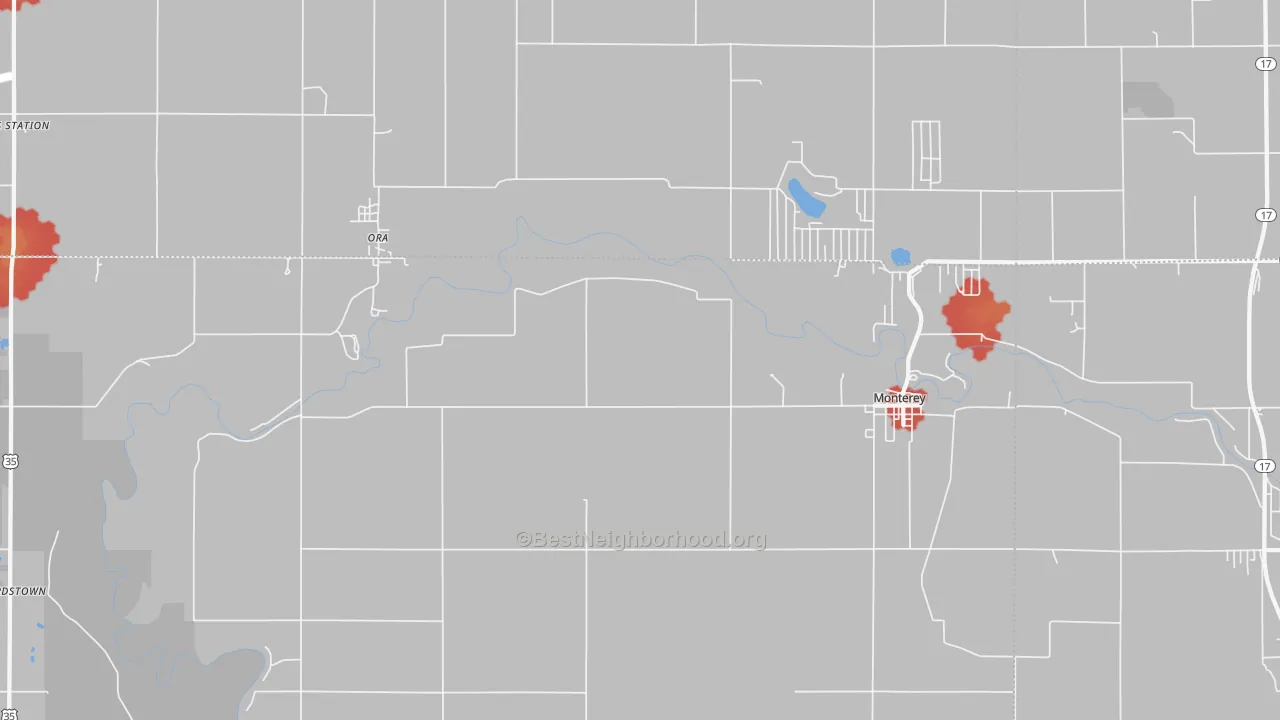 Walk Grade map of 46960, IN, walkable areas in green and car-dependent areas in red