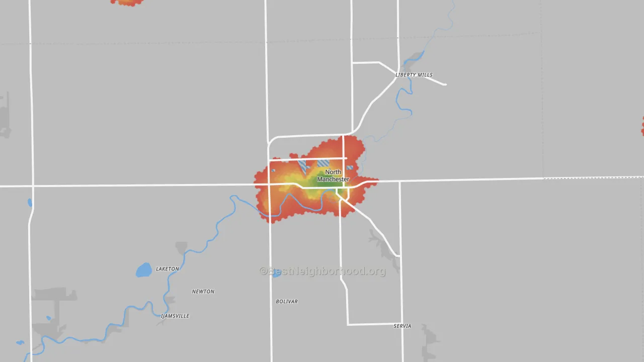 Walk Grade map of 46962, IN, walkable areas in green and car-dependent areas in red