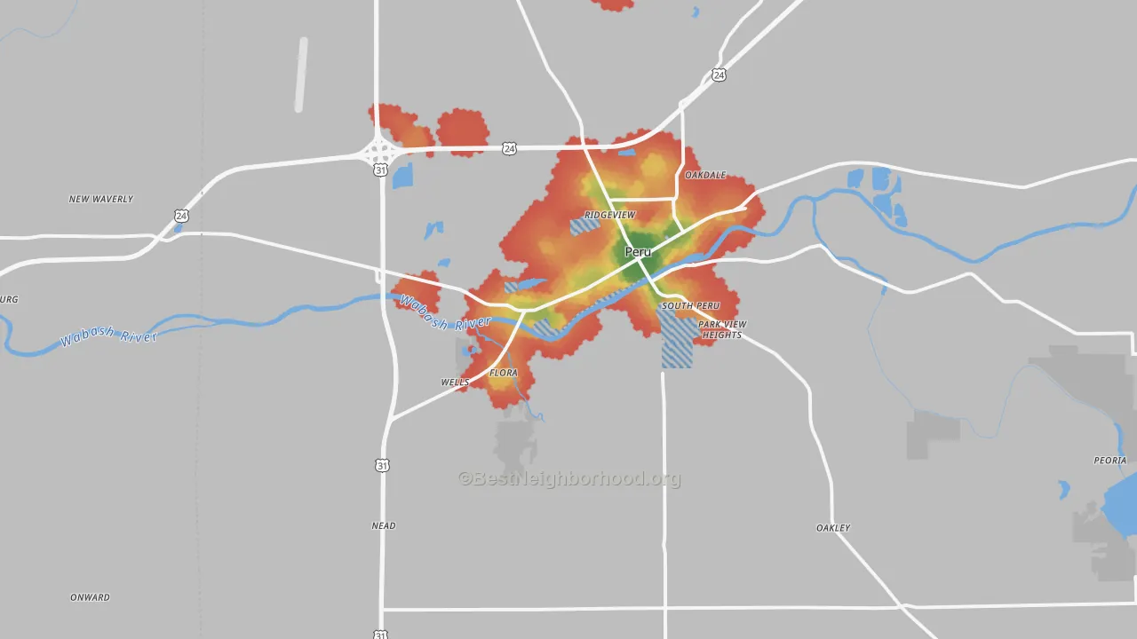Walk Grade map of 46970, IN, walkable areas in green and car-dependent areas in red