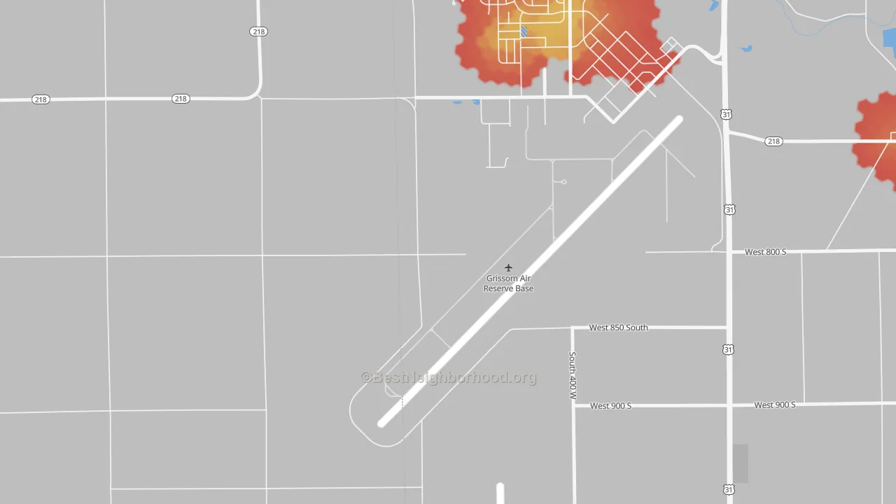 Walk Grade map of 46971, IN, walkable areas in green and car-dependent areas in red