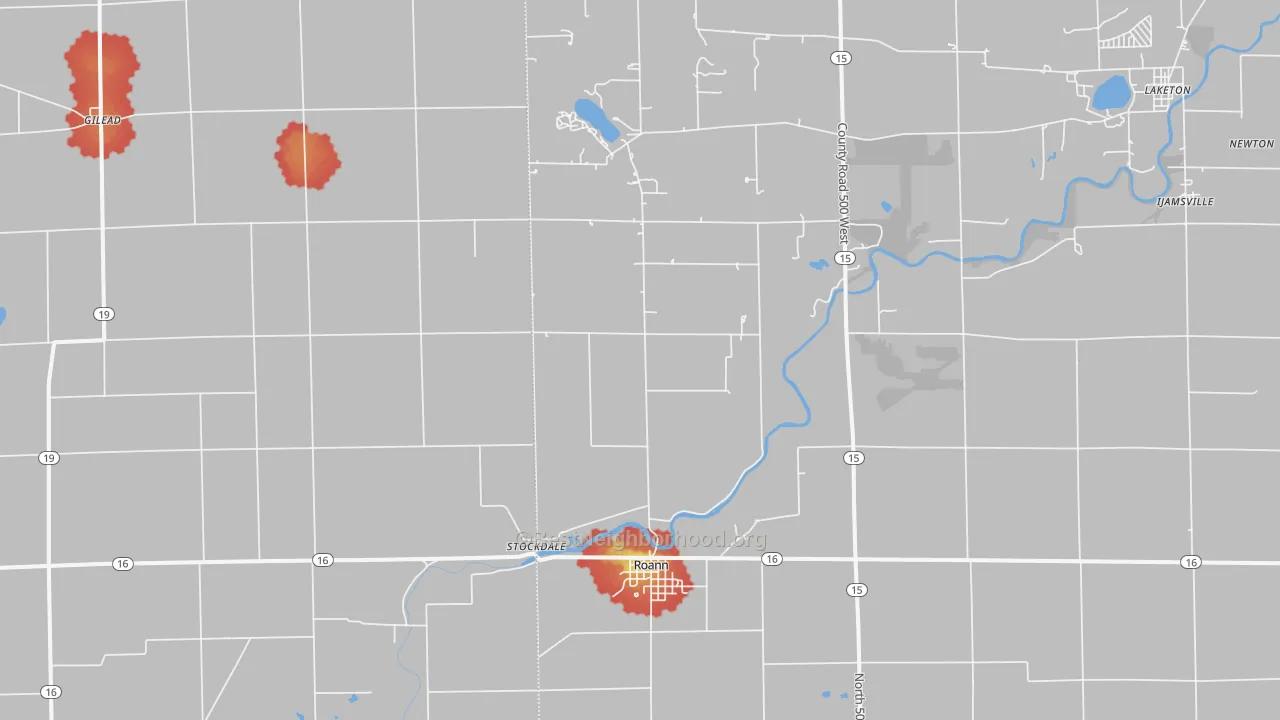 Walk Grade map of 46974, IN, walkable areas in green and car-dependent areas in red