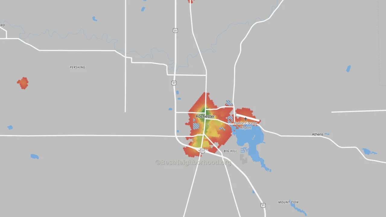 Walk Grade map of 46975, IN, walkable areas in green and car-dependent areas in red