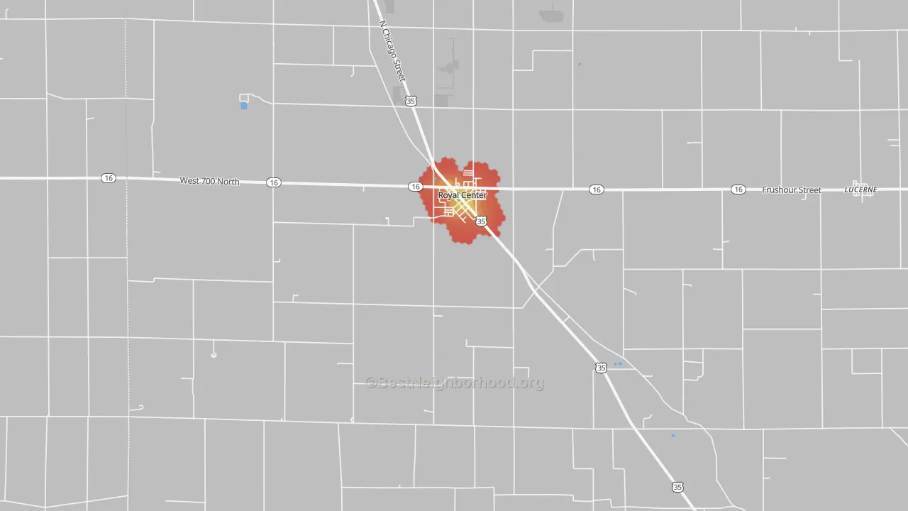 Walk Grade map of 46978, IN, walkable areas in green and car-dependent areas in red