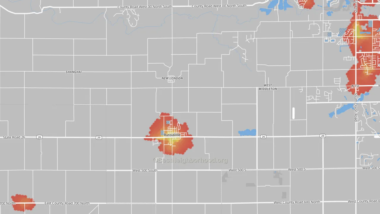Walk Grade map of 46979, IN, walkable areas in green and car-dependent areas in red