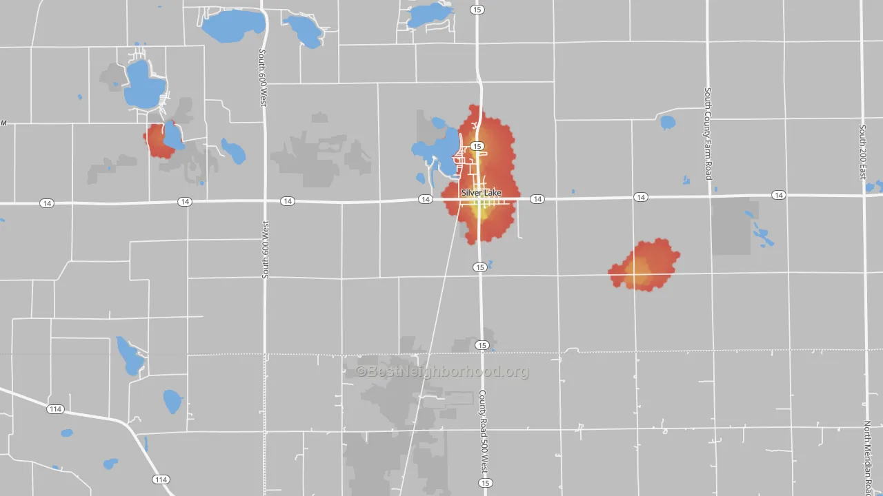 Walk Grade map of 46982, IN, walkable areas in green and car-dependent areas in red