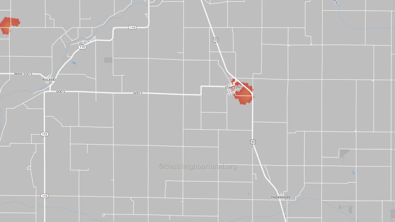 Walk Grade map of 46985, IN, walkable areas in green and car-dependent areas in red