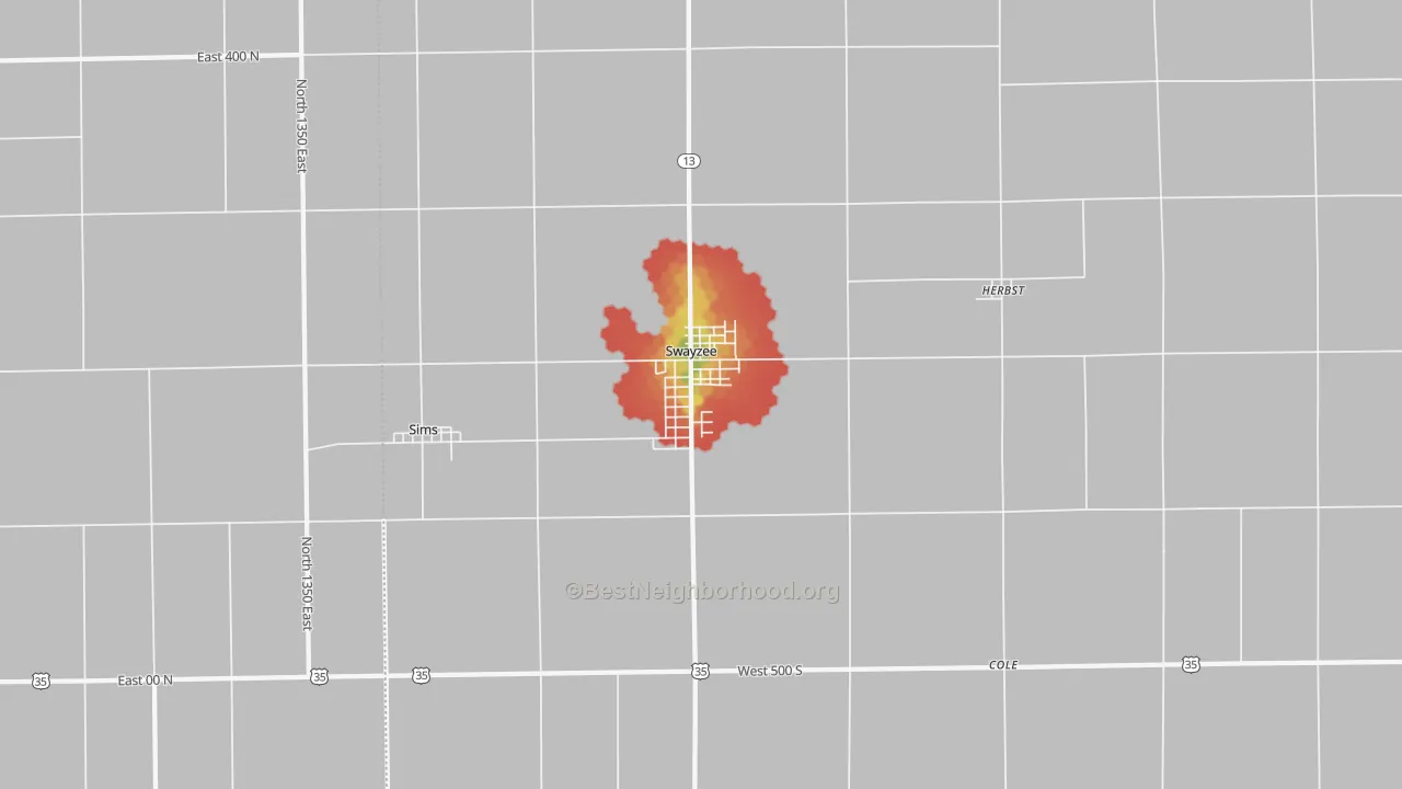Walk Grade map of 46986, IN, walkable areas in green and car-dependent areas in red