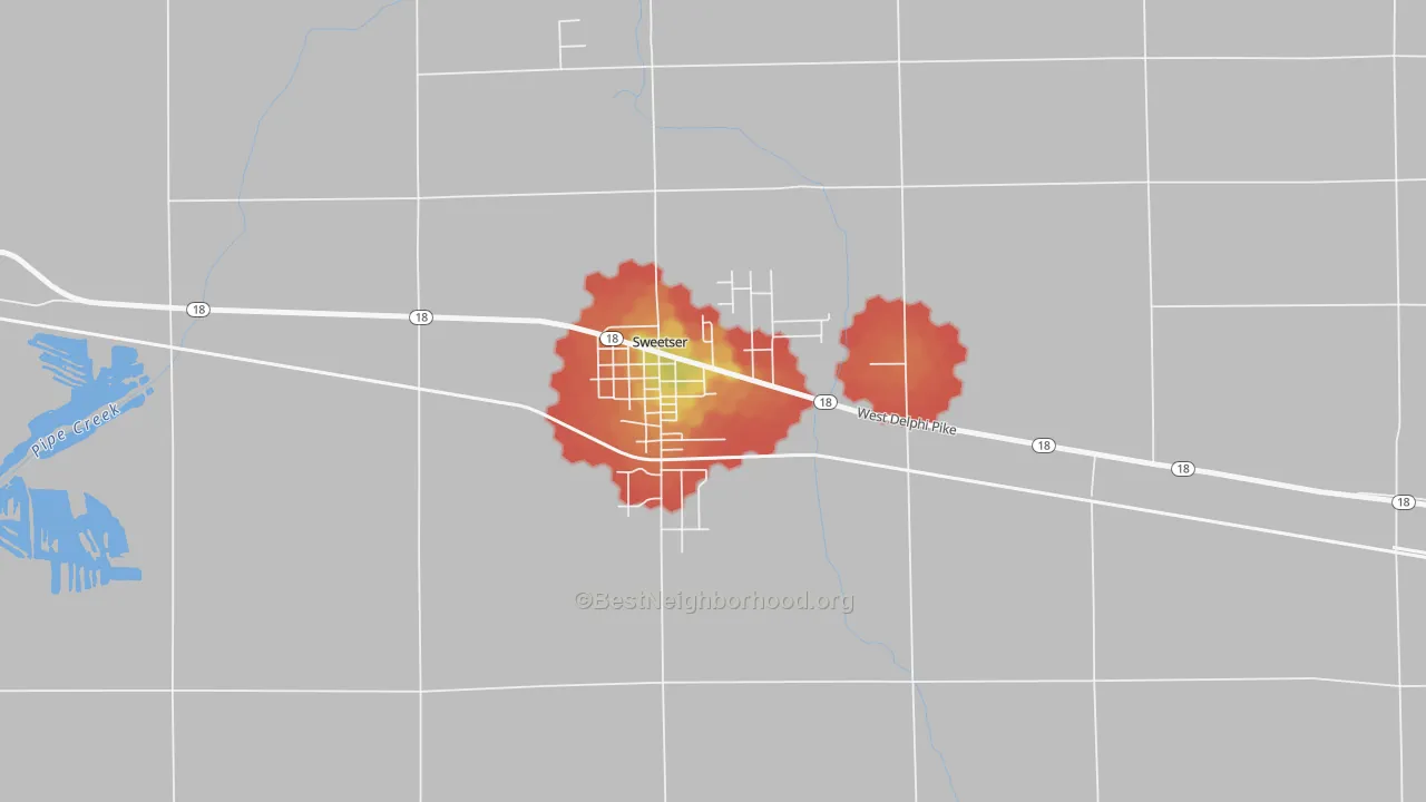 Walk Grade map of 46987, IN, walkable areas in green and car-dependent areas in red