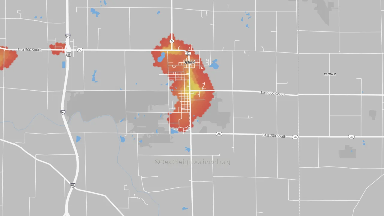 Walk Grade map of 46989, IN, walkable areas in green and car-dependent areas in red