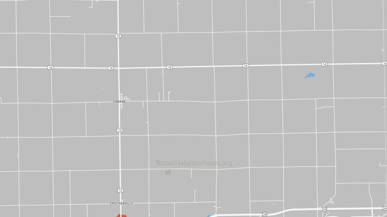 Walk Grade map of 46990, IN, walkable areas in green and car-dependent areas in red
