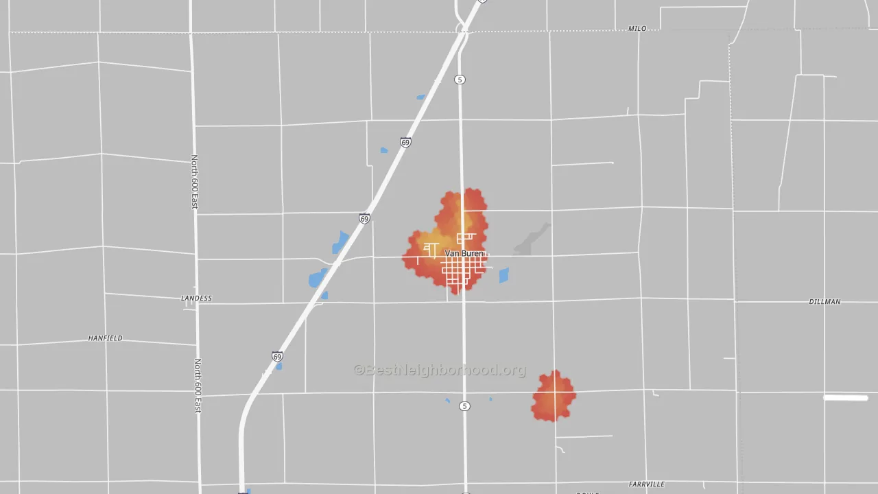 Walk Grade map of 46991, IN, walkable areas in green and car-dependent areas in red