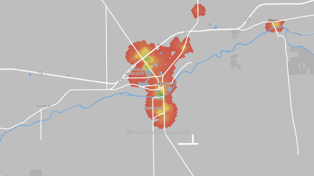 Walk Grade map of 46992, IN, walkable areas in green and car-dependent areas in red