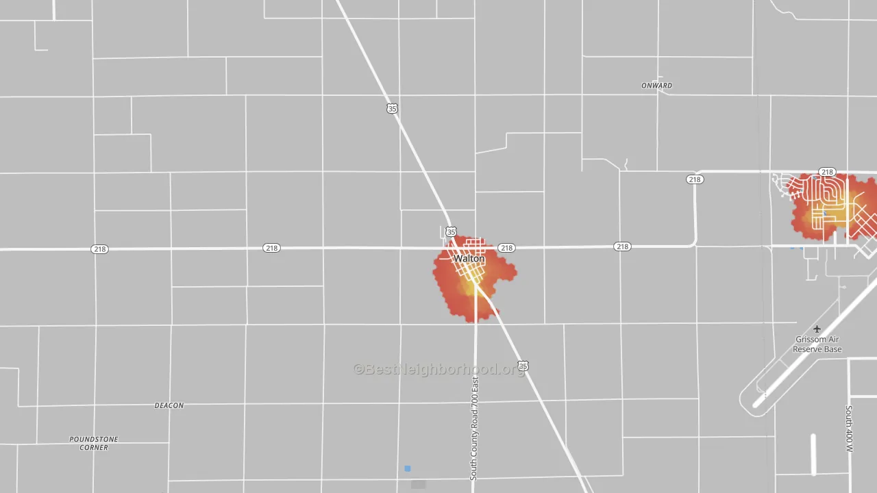 Walk Grade map of 46994, IN, walkable areas in green and car-dependent areas in red